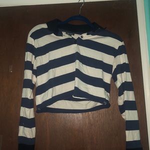 white and navy blue striped cropped rugby shirt